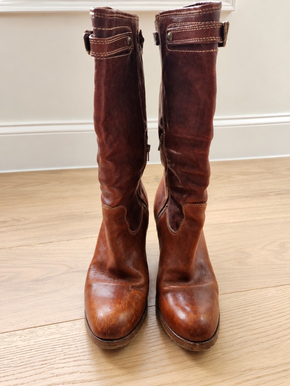 Coach Brown Leather Mid-Calf Heeled Riding Boots with Buckles